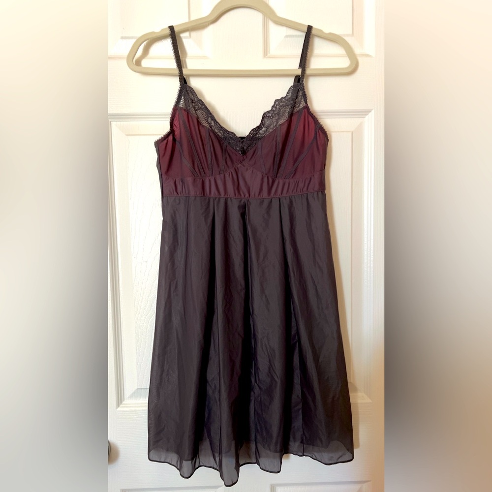 Elle Macpherson M slip chemise gray lace trim pink lining